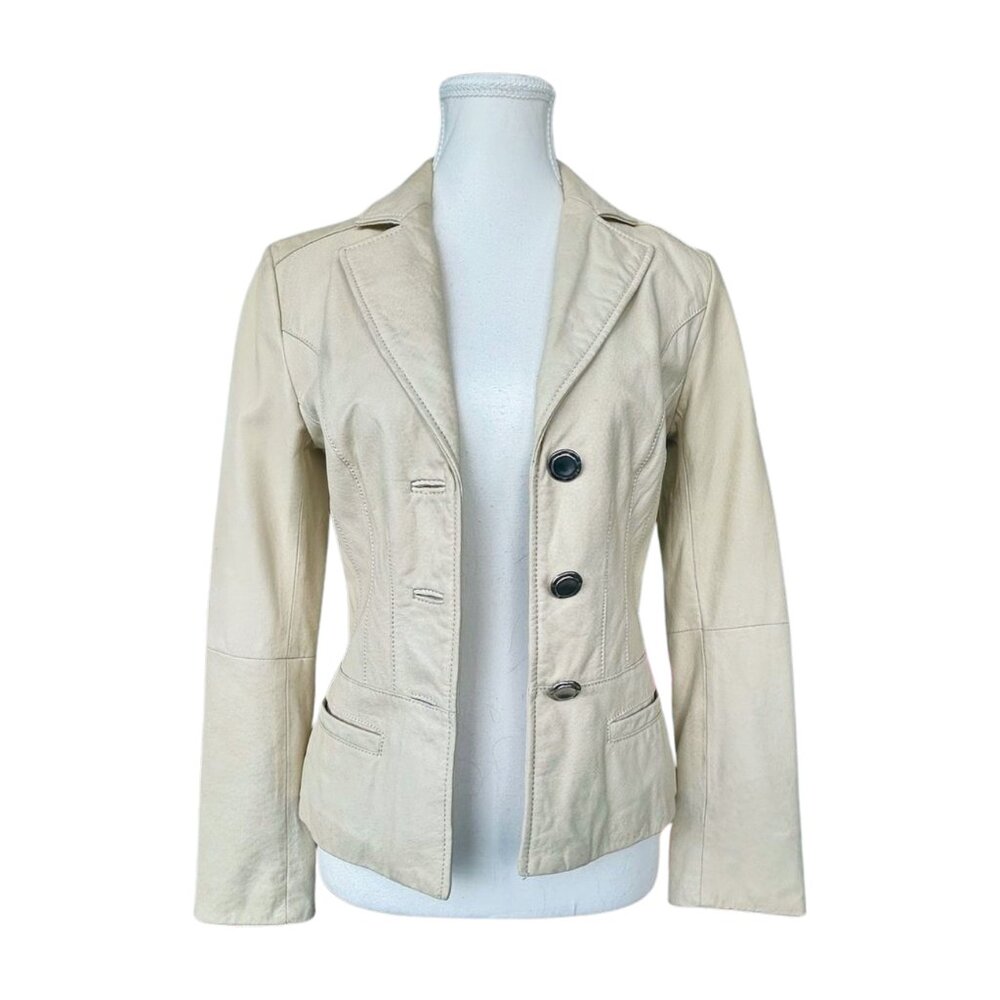 Danier Cream Fitted Leather Blazer – Tailored Minimalist Jacket – XS/S